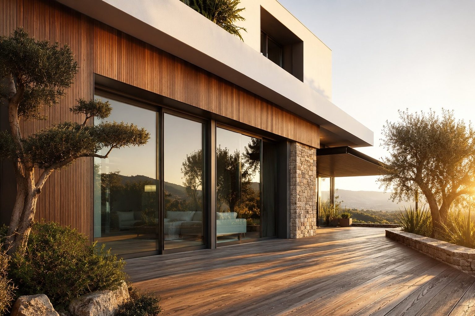 Baies coulissantes aluminium sur une villa des Pyrénées-Orientales au coucher du soleil